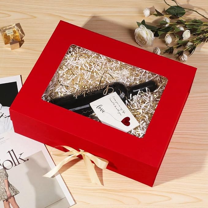 Red Extra Large Gift Box for Presents with Ribbon 16.5x13x5.3 Inches Clear Gift Box with Window Magnetic Closure Gift Boxes with Lids