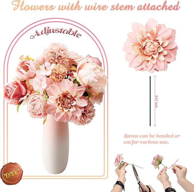 Artificial Flowers Combo Box, Fake Silk Foam Flower Mix with Wire Stem, DIY Wedding Bridal Bouquet Shower Party Home Décor (30-40 Pieces) (Pink)