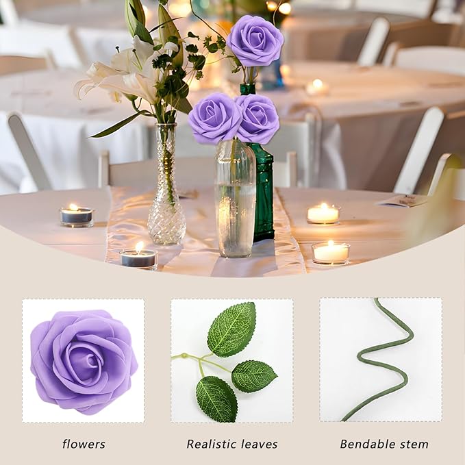Artificial Flowers Roses Real Looking Foam Fake Roses with Leaves and for DIY Wedding Bouquets Bridal Shower Centerpieces Party Decorations (Lilac, 200)