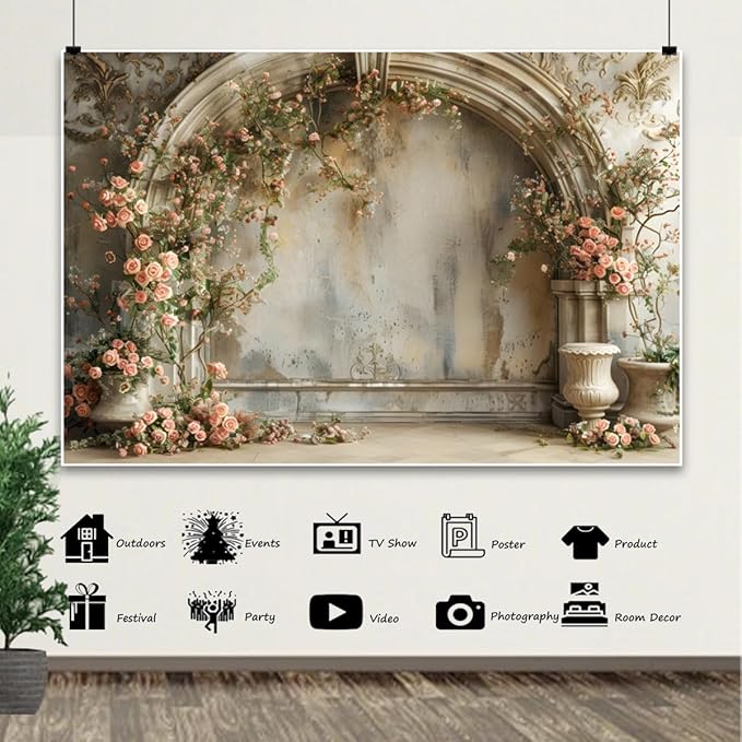 10x8ft Spring Flowers Wedding Backdrop Vintage European Palace Wall Pink Rose Floral Photography Banner for Womens Day Birthday Mothers Day Bridal Shower Valentines Day Girl Women Portrait