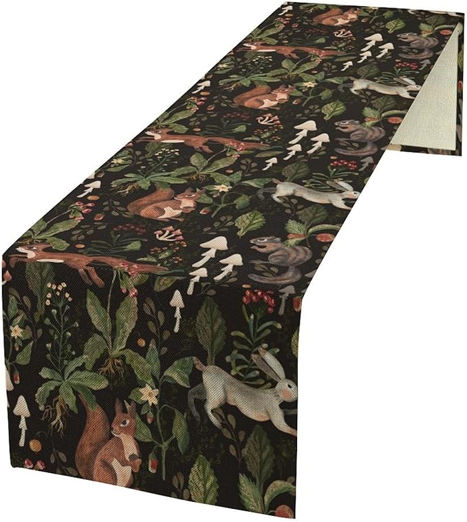Rustic Woodland Table Runner, Rustic Forest Wild Animals Bunny Rabbit Squirrel Mushroom Plants Table Runner for Holiday Farmhouse Kitchen Dining Table Decor, 13x70inch