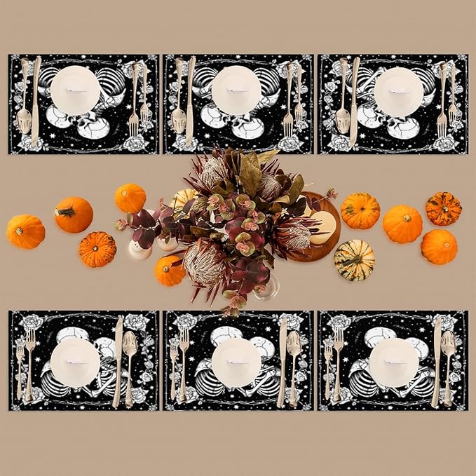 Halloween Skull Goth Flower Placemats Set of 4 PVC Vinyl Non Slip Table Mats Heat Resistant Place Mats Washable Wipeable Dining Table Mat for Kitchen Decor Party Indoor Outdoor Decorative Gift