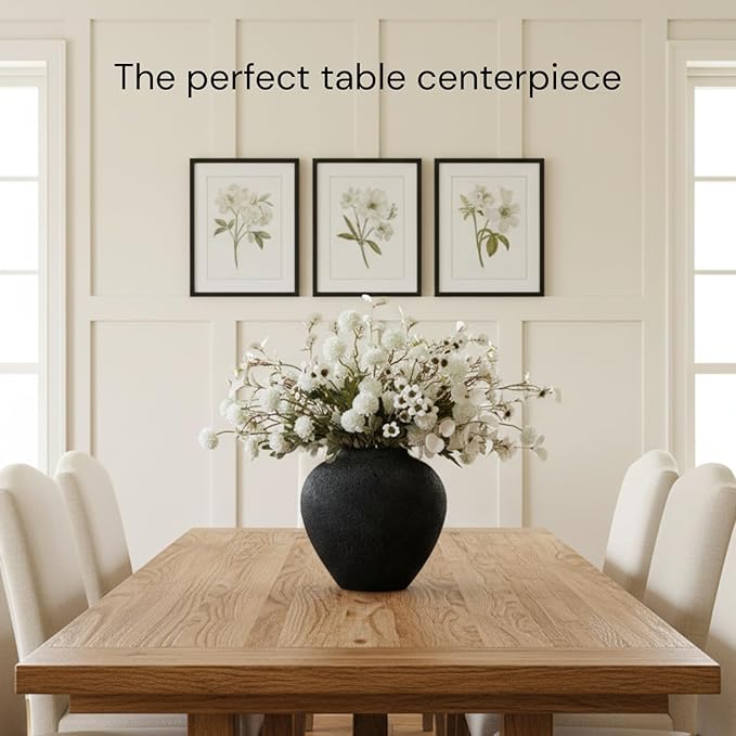 Black Large Round Vase Pottery Look for Home Decor, Arina Black Rustic Vase Modern Farmhouse, Console Table Decor, Earthy Textured Big Black Round Vases for Centerpieces, Jarrones Grandes