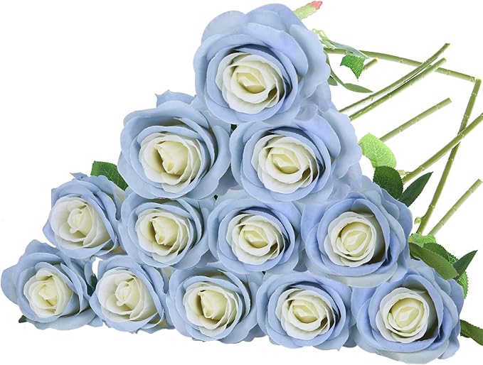 Felice Arts 12 Pack Ice Blue Artificial Flowers with Stems Silk Roses Fake Flowers Bouquet for Wedding Centerpiece Table Vase Home Kitchen Party DIY Decor