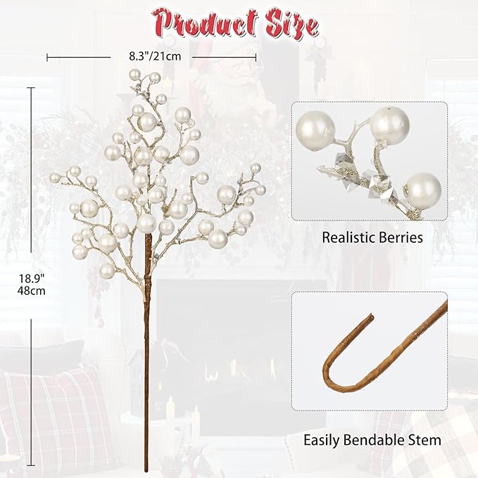 Hollyone 4 Pack Artificial Christmas Glitter Berries Stems, 19 Inch Fake White Holly Berry Picks with Ice Snow for Christmas Tree Wreath Floral Arrangements Holiday Home Vase DIY Crafts Decor