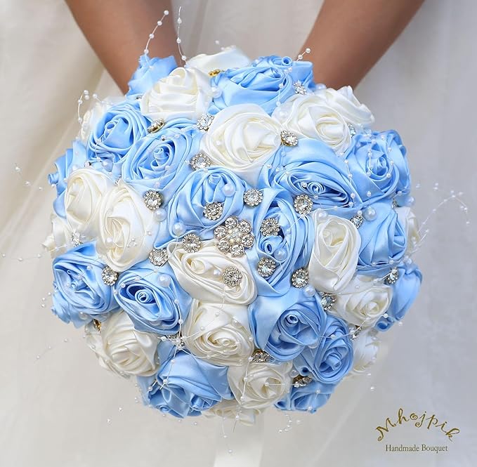 Bridal Wedding Bouquet Round Bling Brooch Bouquet Throw Toss Artificial Rose Flower Bunch for Bride Bridesmaid Wedding Quinceanera(Light Blue & Ivory, 7.5")