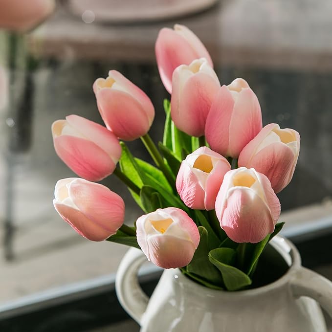 20pcs Pink and White Artificial Tulip Flowers, Silk Fake Flowers 13" for Mother's Day, Easter, Valentine’s Day Gifts in Bulk, Home, Kitchen, Wedding Decorations