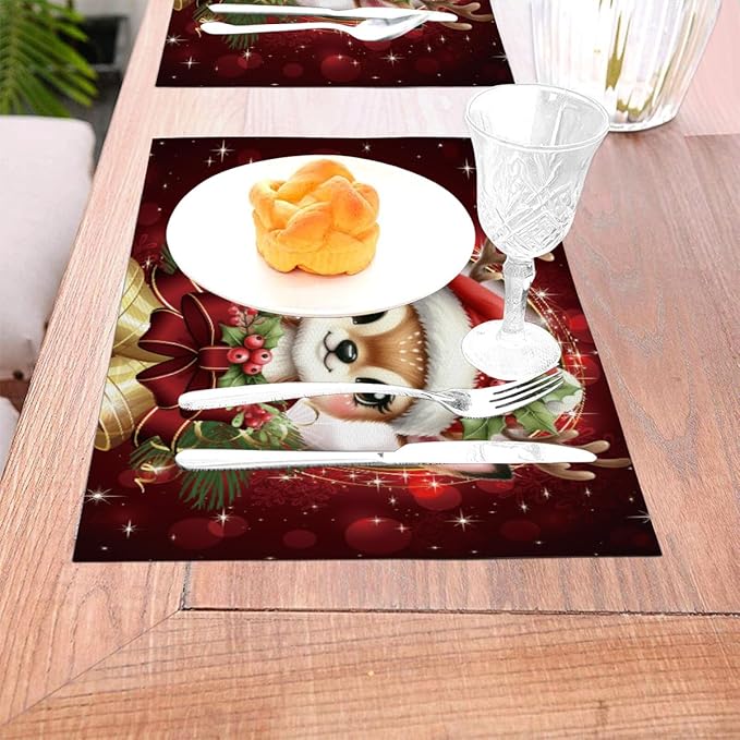 PVC Placemats Set of 4 Wipeable Table Mats Washable Heat Resistant Non Slip Vinyl Dining Table Mat for Kitchen Indoor Outdoor Patio Farmhouse Place Mats Red Christmas Bell Deer Decorative