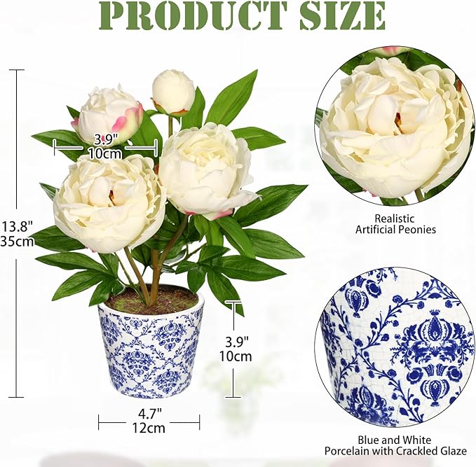 Briful Faux Peony Flowers in Blue and White Ceramic Pot 13.8" Realistic Silk Peonies Artificial Peony Floral Arrangement Fake Potted Flowers for Home Office Room Desk Shelf Decoration(White)