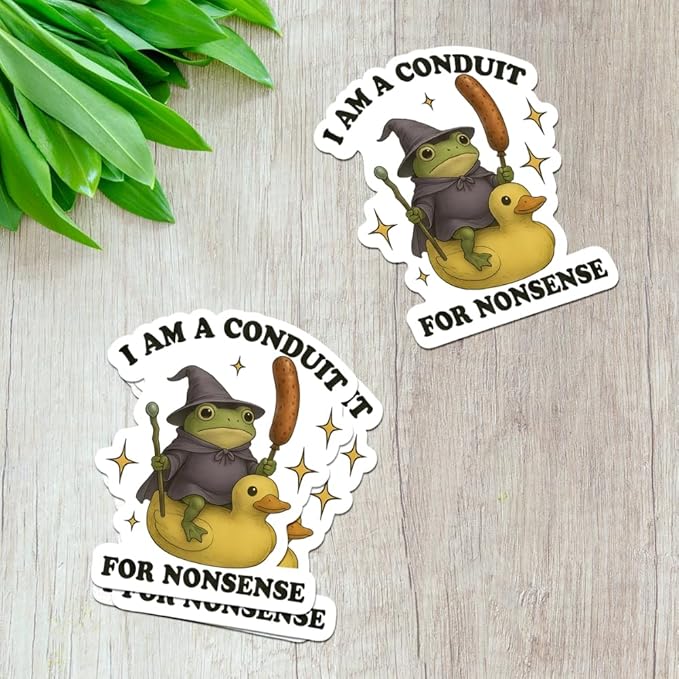 HANDICHI Design 5-Pack 6 Inch Funny Frog Stickers – “I Am a Conduit for Nonsense” Wizard Frog Vinyl Decals – Quirky Meme Sticker Pack for Laptops, Water Bottles, Journals and Scrapbooks