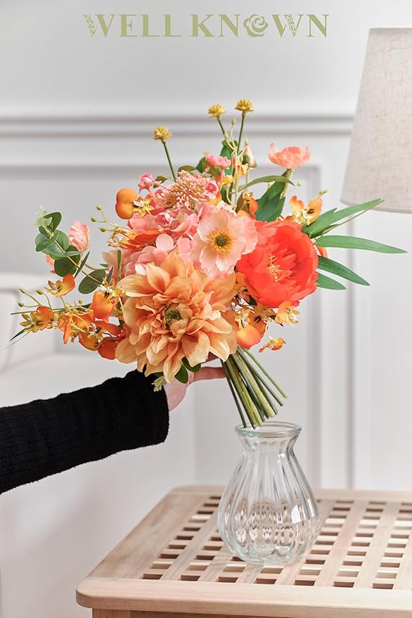 WELL KNOWN Silk Peony Mixed Wild Flower Bouquet in Vase, Artificial Flowers Arrangements Orange & Pink Fake Flowers with Vase for Home Living Room Wedding Party Dinning Table Fall Seasonal Decor