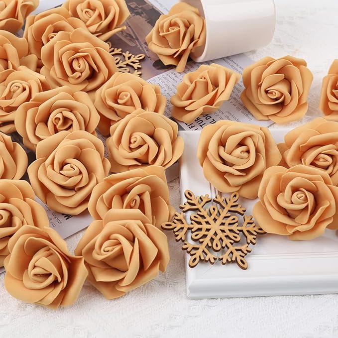 Artificial Rose Flower Heads, 100pcs Gold Yellow Roses Artificial Flower Foam Rose for DIY Wedding Bouquets Centerpieces Arrangements Party Baby Shower Home Decor (Stemless,Gold Yellow)