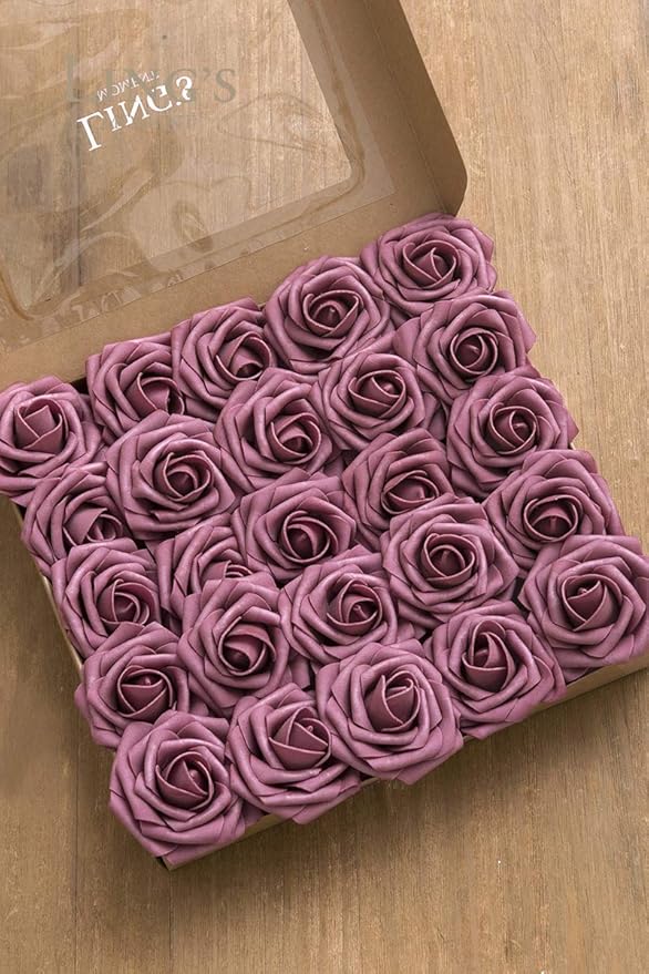 Ling's moment Artificial Flowers 25Pcs Mauve Roses Decor w/Stems,3" Real Touch DIY Foam Floral for Wedding Bouquet/Centerpieces, Outdoors Party Backdrop, Room/Table, and Garden/Pot Decorations