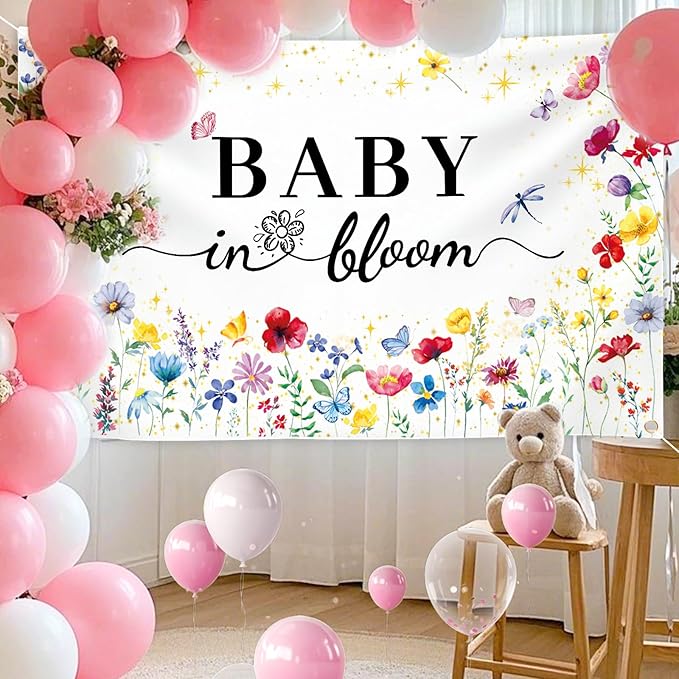 GodMax Baby in Bloom Backdrop Banner, Wildflower Baby Shower Decorations 3 x 5Ft Backdrop Banner Set
