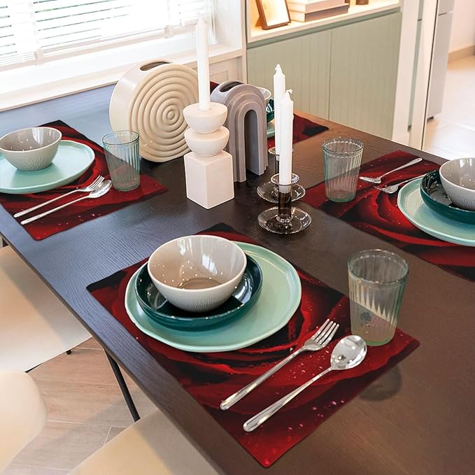 Red Rose Linen Table Placemats Set of 4 Romantic Floral Art Placemat Indoor Outdoor Party Home Desktop Kitchen Dining Room Decoration 12x18 Inch