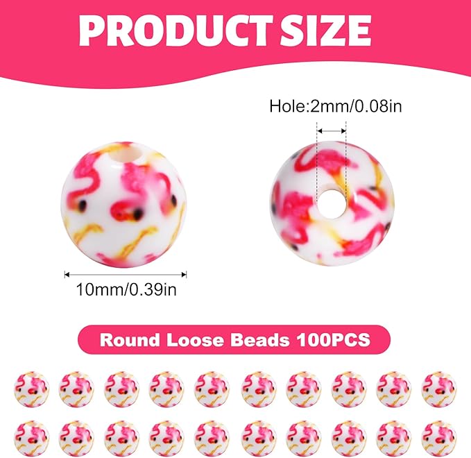 100 PCS 10mm Resin Beads Bulk for Bracelet Making Kit, Flamingo Printed Round Loose Beads for Jewelry Earring Necklace Rings Art Craft DIY Projects