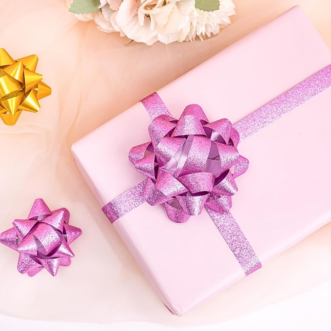 WRAPAHOLIC 16 Pcs Gift Bows Assortment - 14 Multi Colored Assorted Size Gift Bows(Pink, Gold), 2 Crimped Curling Ribbons, Perfect for Holiday, Party