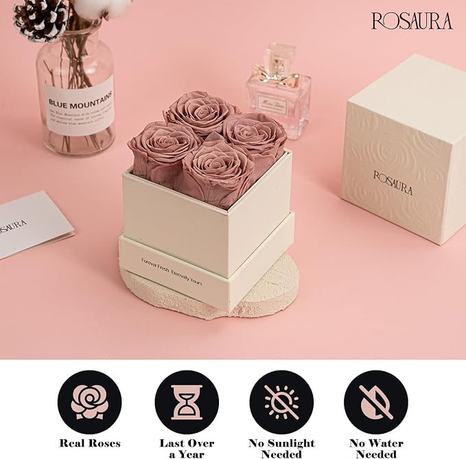 Rosaura 4-Piece Eternal Preserved Roses & Flowers Gift Box - Forever Lasting Real Roses, Preserved Flowers for Valentine's Day Cappuccino