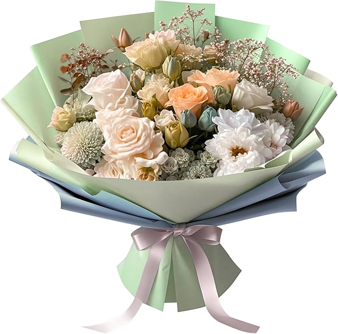 LeZakaa 20 Sheets Flower Wrapping Paper - Waterproof Reversible Floral Bouquet Paper - Green Gray and Mist Blue Design for Baby Shower, Mother's Day, Parties, Birthdays, Weddings