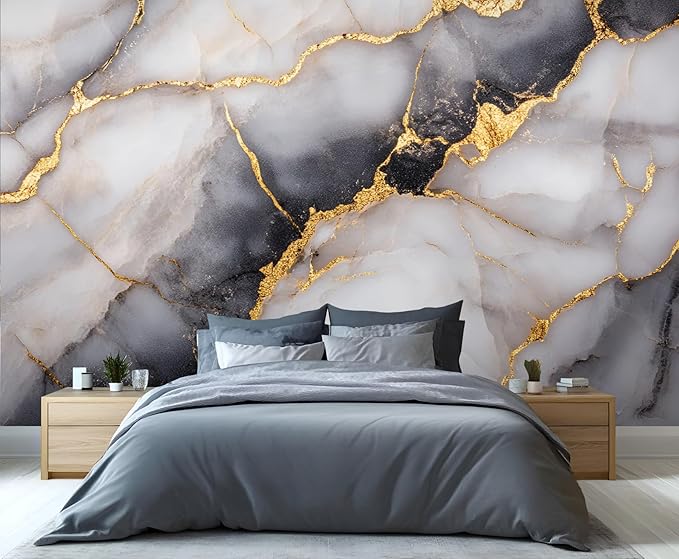 Golden Veins Marble Wall Mural, Black and White Marble 3D Wall Murals, Luxury Stone Wallpaper Mural, for Living Room Bedroom Large Wallpaper Indoor Decor 137.8" W x100 H