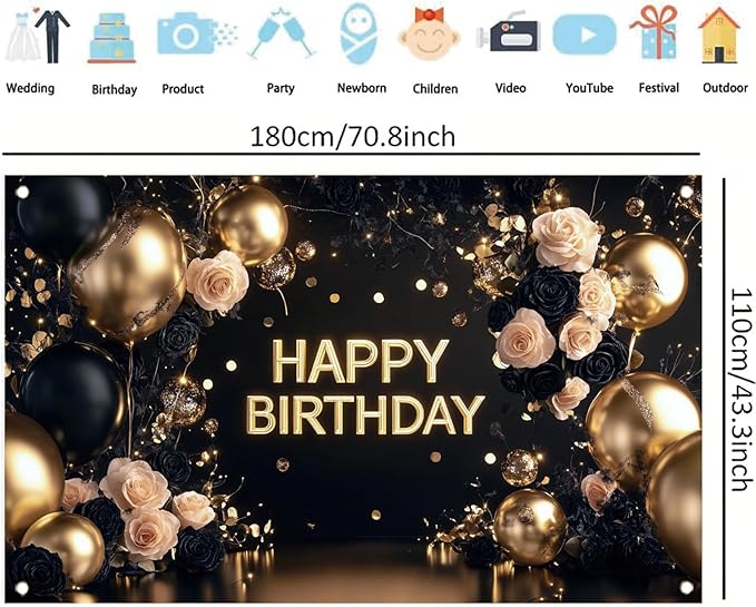 Black Gold Happy Birthday Backdrop Banner Elegant Rose Floral Balloon Photography Background Luxury Birthday Party Decoration Banner Photo Booth Props 71x43 Inch