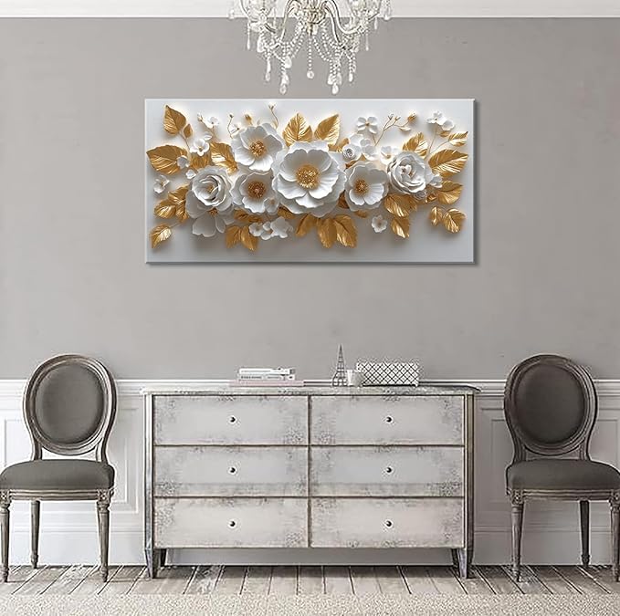 IDAFU Flower Wall Art White Foral and Golden Leaves Wall-décor White Wall Art Floral Painting Pictures for Living Room Bathroom Bedroom Kitchen Office Cuadros Decorativos Para Sala Decor 58L x28W