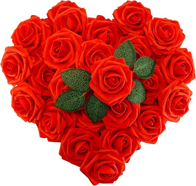 [25PCS] Red Roses Artificial Flowers with Long Stem Real Touch Fake Foam Roses for Decoration DIY Wedding Bouquets Centerpieces Bridal Shower Mothers Day Party Flower Arrangements Home Decor
