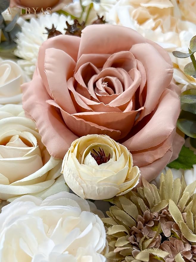 ASTRYAS Roses Artificial Flowers Nude Combo Set, Fall Fake Peonies Flower for DIY Wedding Bouquet Bridal Baby Shower Decorations Party Table Centerpieces Cake Silk Floral Arrangement Home Decor, Beige