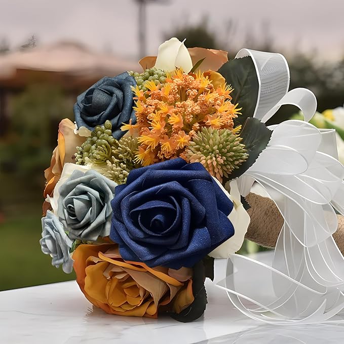 [25PCS] Navy Blue Roses Artificial Flowers with Long Stem Real Touch Fake Foam Roses for Decoration DIY Wedding Bouquets Centerpieces Bridal Shower Flower Arrangements Home Decor