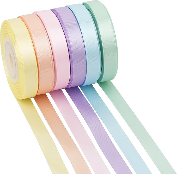 Pastel Ribbon for Crafts Pastel Rainbow Ribbon 3/8" Double Face Satin 6 Rolls Assortment Thin for Gift Wrapping,Wedding Party Decorations - 60Yards