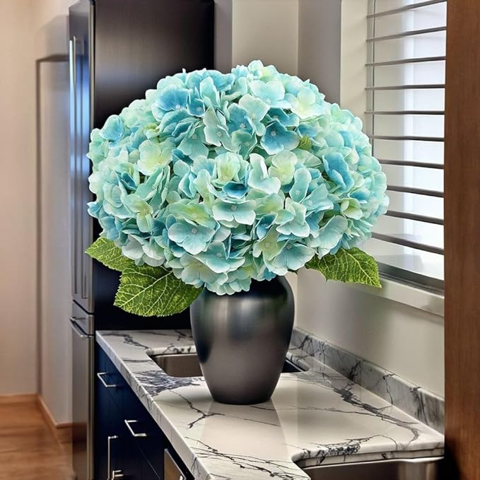 2Bouquets Artificial Fake Flowers Plants Silk Hydrangea Arrangements Wedding Bouquets Decorations Plastic Floral Home Kitchen Garden Party Festival Bar DIY (Light Blue,5 Flower Heads)