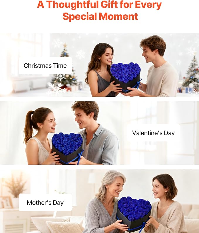 VEVOR Forever Flowers, 27 Preserved Roses in a Heart Shape Box, Eternal Flowers Immortal Bouquet Birthday Present for Women Her Wife Mothers, Anniversary, Valentine's Day,Christmas, Royal Blue