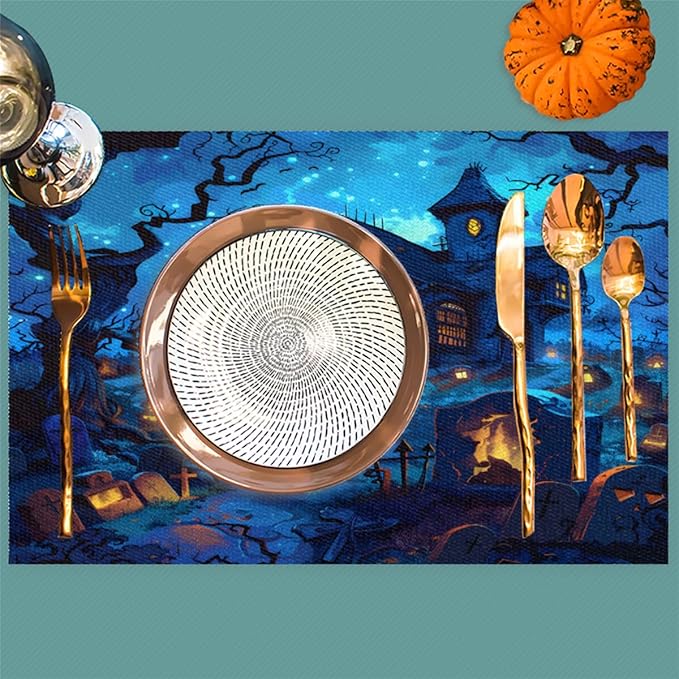 Halloween Castle Scary Blue Placemats Set of 1 PVC Vinyl Non Slip Table Mats Heat Resistant Place Mats Washable Wipeable Dining Table Mat for Kitchen Decor Party Indoor Outdoor Decorative Gift