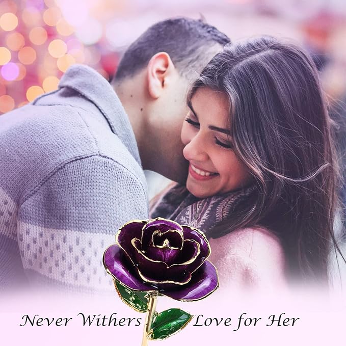 Sinvitron Gold Dipped Infinity Rose Forever Flower Decor, Resin Preserved Real Rose Birthday Gift for Women, Anniversary Present for Mom (Purple)