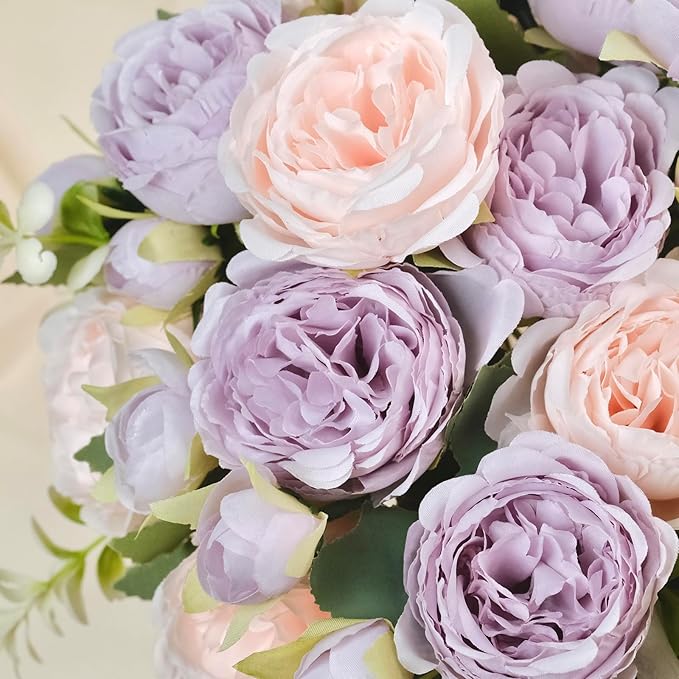 Peony Artificial Flowers, 4 Bundles Fake Peonies Faux Flower Centerpieces for Tables Vase, Bulk Pink Purple Silk Peonies Artificial Bouquet for Wedding Decorations Indoor Floral Arrangement