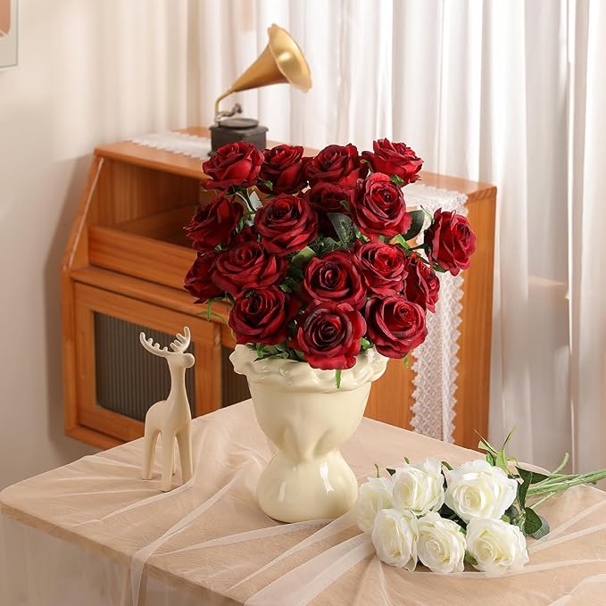 Nubry 24pcs Artificial Silk Roses Bulk,Fake Roses Flower with Stems Realistic Flowers for Wedding Centerpiece Home Party Decor(Burgundy)