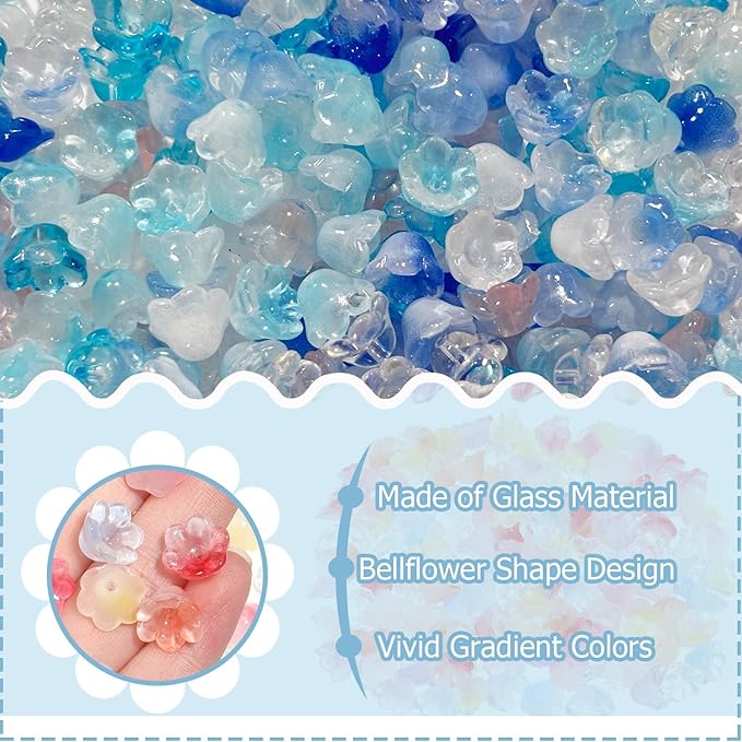 LadayPoa 350pcs Glass Bellflower Beads for Jewelry Making Trumpet Flower Beads Gradient Clear Cute Bead for Bracelets Making Aesthetic Bead Charms for DIY Necklace Decoration-Blue Series