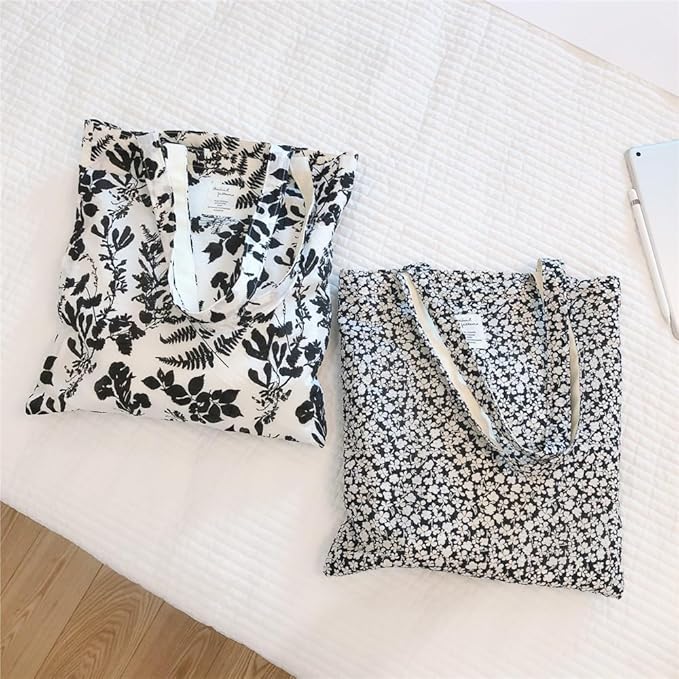 Cotton Canvas Tote Bag Reusable Soft Grocery Cloth Bag Floral Shoulder Bag for Beach Travel Shopping