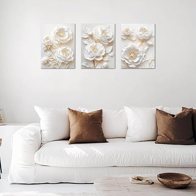 Sepwrol White Flower Canvas Wall Art Modern Abstract Rose Blooming Floral Textured Printing Artwork for Home Bedroom Living Room Wall Decor, 12"x16" 3 Panel (White-3)