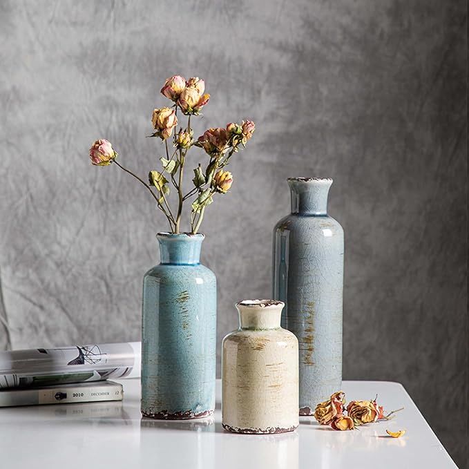 CwlwGO- Ceramic Vase 3 Piece Set, Small Flower vases for Home Decoration, Modern Farmhouse Decoration, Living Room,Table Shelf, Centerpieces, Fireplace and Entrance Decorations-Multicolor.