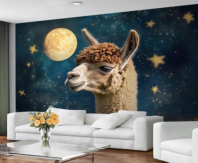 Starry Sky Alpaca Wall Mural, Dreamy Galaxy Moon Alpaca 3D Wall Murals, Cute Animal Wallpaper Mural, for Living Room Bedroom Large Wallpaper Indoor Decor 177.16" W x120 H