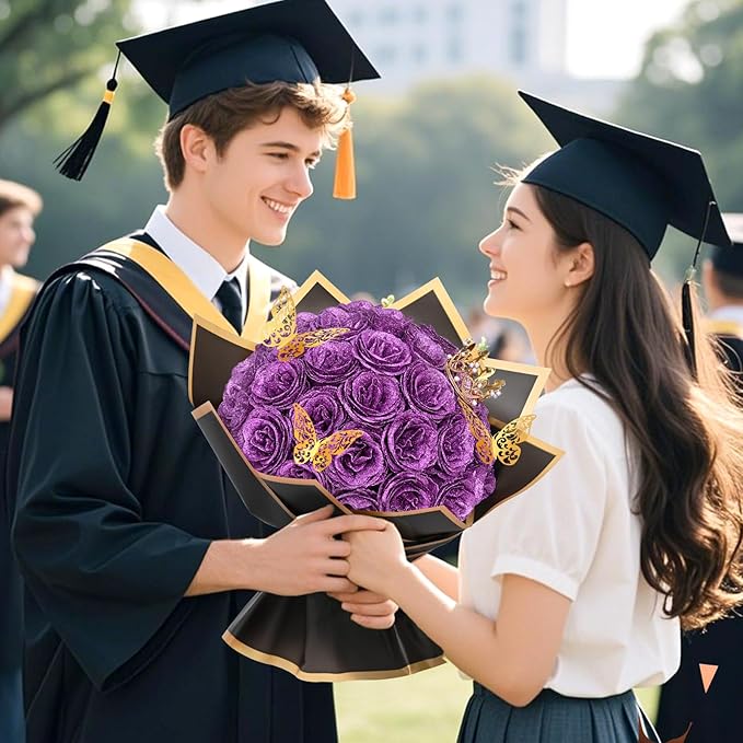 Waipfaru Glitter Roses Bouquet, DIY Lilac Fake Flowers Bouquet, Birthday Gifts for Women Mom, 24 Pcs Rose for Grandma Wife Girlfriend Valentines, Mothers Day, Anniversary, Graduation