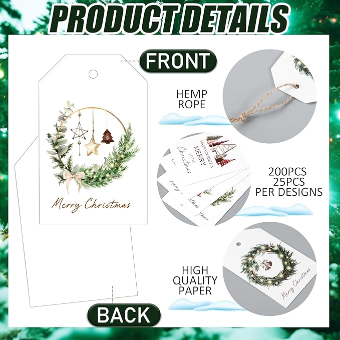 200 Pcs Christmas Gift Tags with String Christmas Natural Holiday Gift Name Tags to Personalize Xmas Presents Gifts Decoration for DIY Wrapping Crafts Party Favors(Wreath)