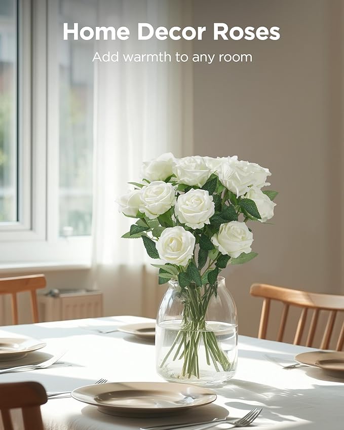 InnoGear 50 Pcs White Roses Artificial Flowers, Fake Velvet Silk Rose Bulk Faux Flower for Decoration DIY Wedding Centerpieces Proposal Bridal Bouquets Shower Party Home Floral Decor (50, White)