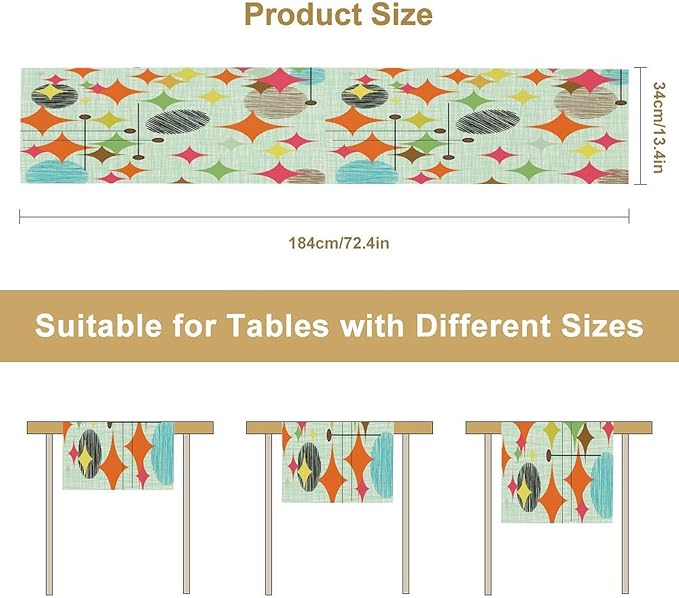 Mid Century Table Runner,Abstract Retro Modern Geometric Colorful Stripe Pattern Print Tablecloth Burlap for Hotel Indoors Outdoor Dining Room Kitchen Holiday Party, 13x80in