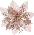 Zhuqing 15Pcs Christmas Poinsettia Artificial Flowers Decorations, Glitter Poinsettia Christmas Tree Ornaments, Rosegold Tree Flower for Xmas/Party/Holiday/Wreath/Garland Decor, with Cilps, 5.5 Inch