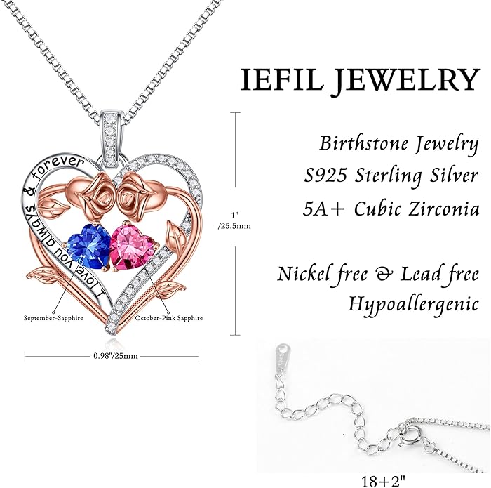 Iefil Rose Heart Double Birthstone Necklace Gifts for Wife Her Mom Women, Birthstone Jewelry Gemstone Birthday Gifts for Girlfriend Grandma Her Wife Women