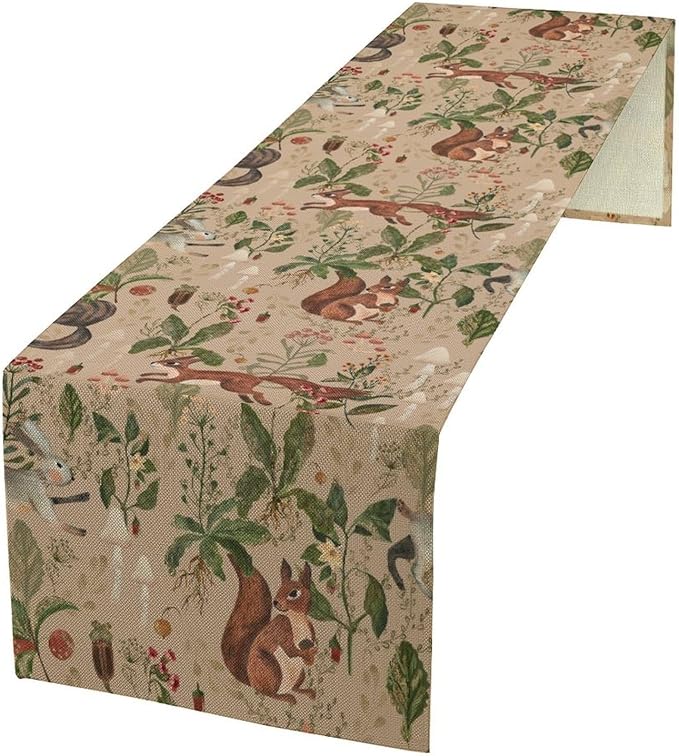 Rustic Woodland Table Runner, Retro Cabin Lodge Fairy Tale Forest Wild Animals Hare Squirrel Print Table Runner for Kitchen Dining Home Decor Wreath Party Decoration, 13x36inch