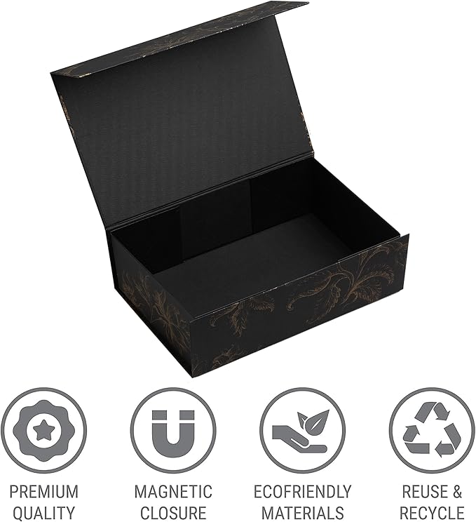 Luxury Keepsake Gift Box 3-Pack | Black Gold Floral Decorative Boxes with Magnetic Lids for Presents, Wedding Memory Box, and Bridal Gifts. 11.5" x 7.5" x 3.5"