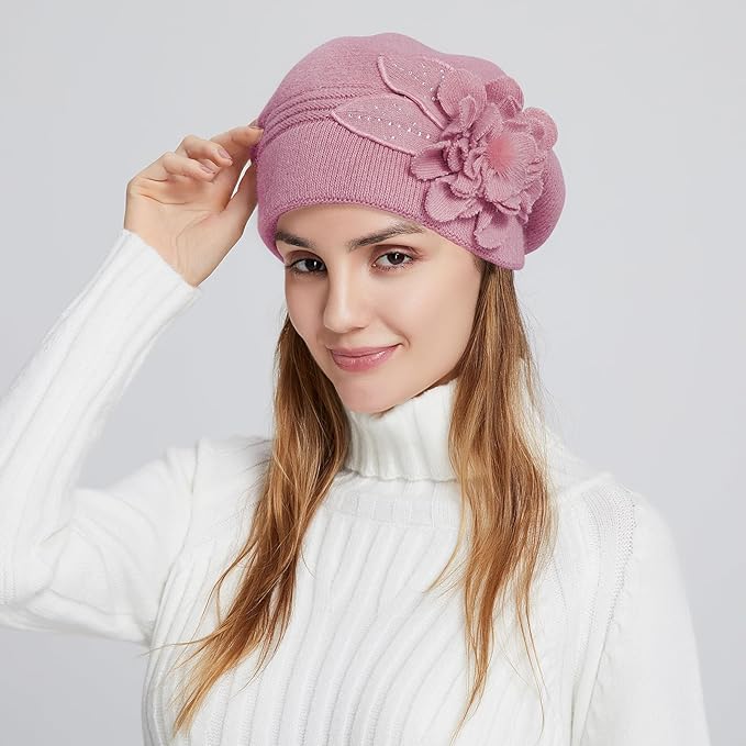 Flower Women Beret, Double Layer Thickened Winter Knitted Beanie Beret Hat, Stylish French Dress Beret Hats for Women